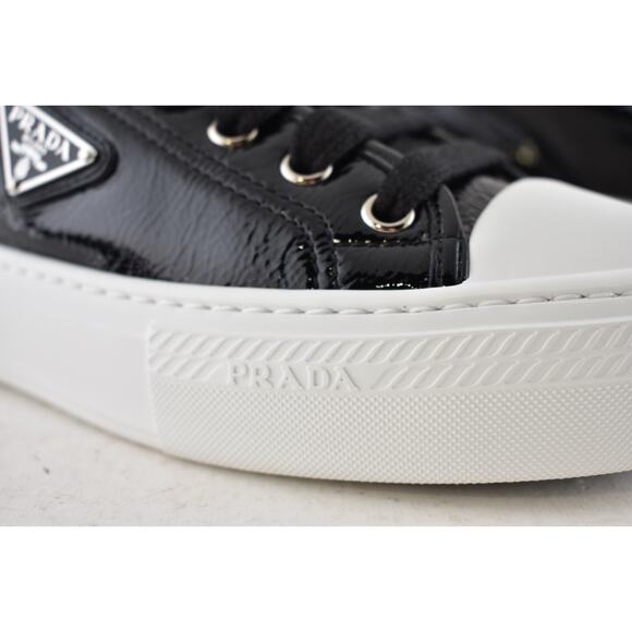 Prada Smash Naplak Black White Patent Logo Flat Low Top Trainer Sneaker 39 - Picture 7 of 16